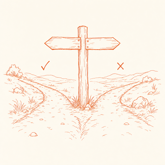 Line-art illustration of a signpost at a forked path