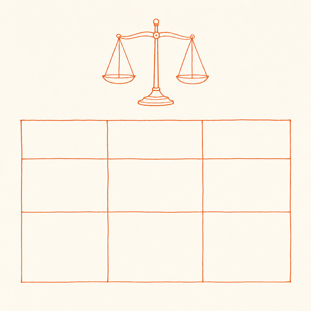 Line-art illustration of a comparison table under balanced scales